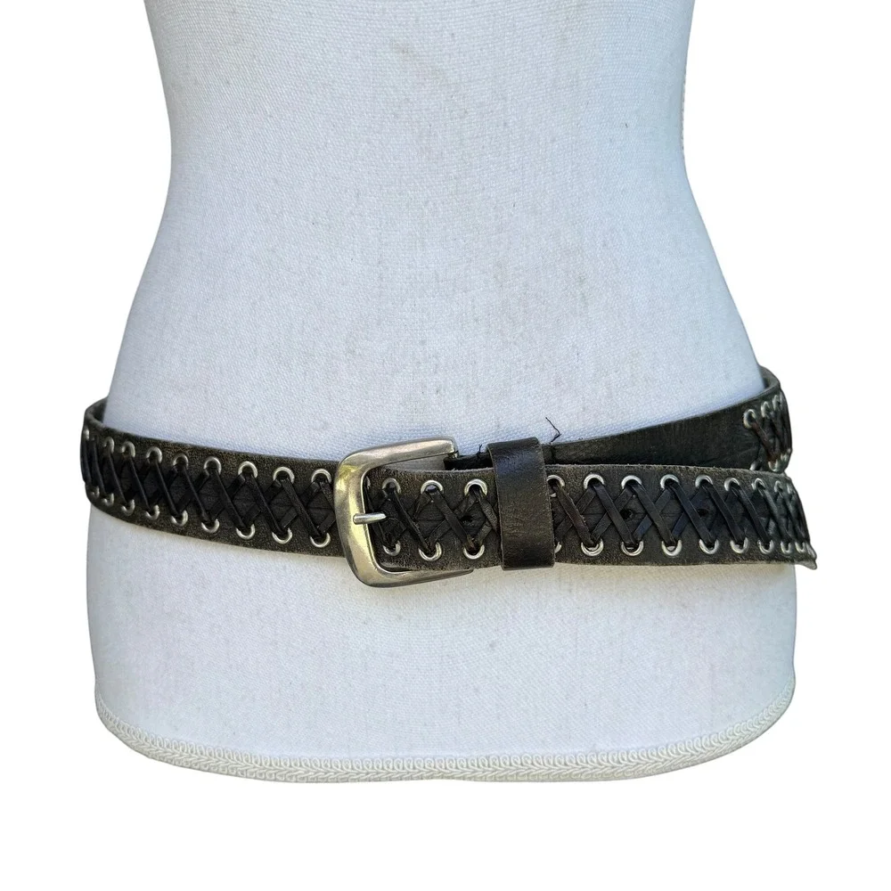 Vintage Distressed Black Leather Lace Up Grommet Belt Silver Buckle Boho Edgy